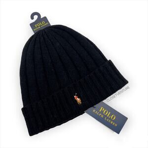 Polo Ralph Lauren Black Wool Blend Ribbed Beanie Hat Unisex One Size